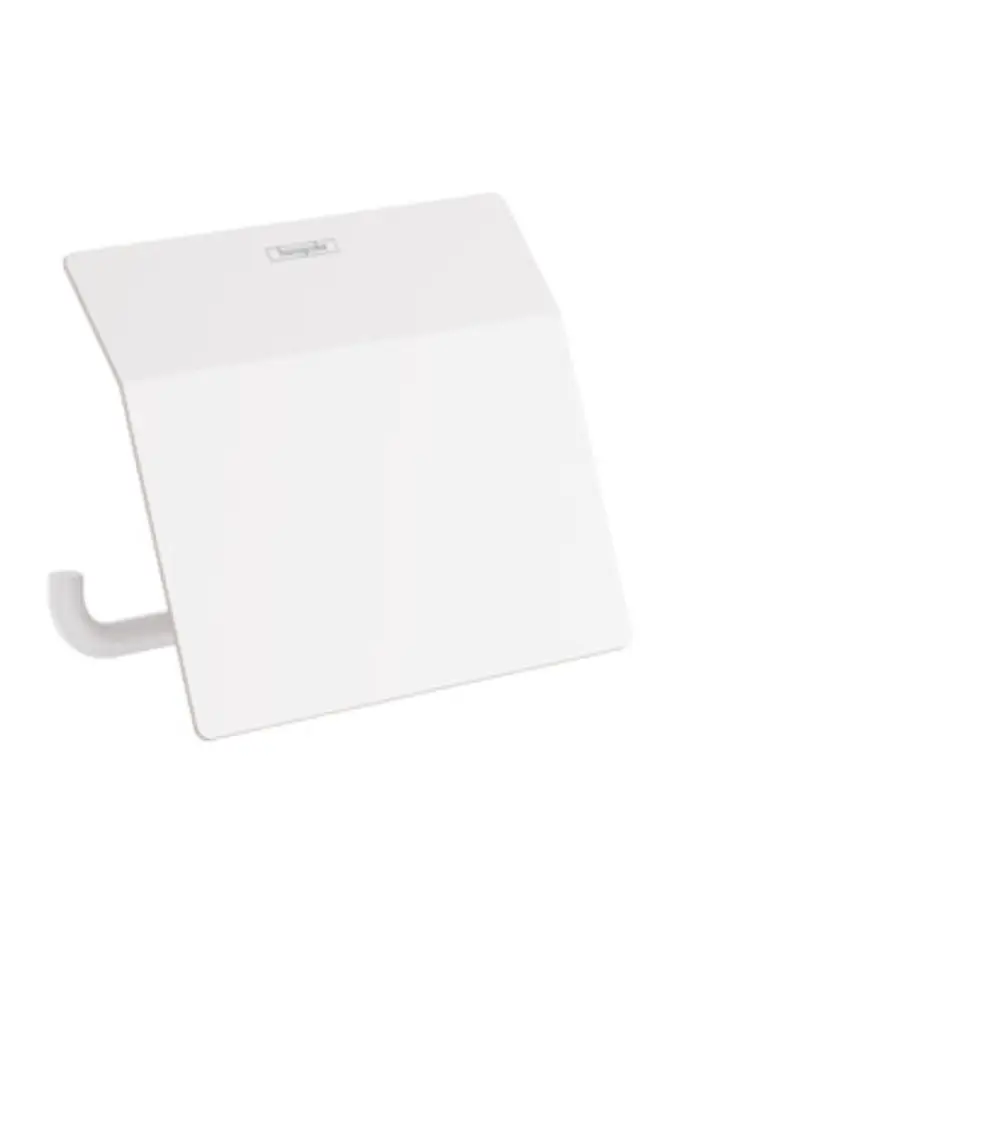 Toilettenpapierhalter in weißer Ausführung von Hansgrohe. Das Produkt hat einen Deckel und ist an einer Wand montiert.